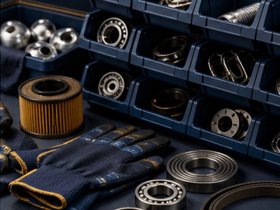 MRO industrial supplies with bearings, gloves, filters, and spare parts