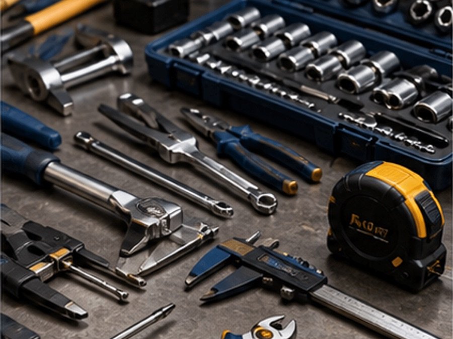 Tools and hardware kits on a workshop bench